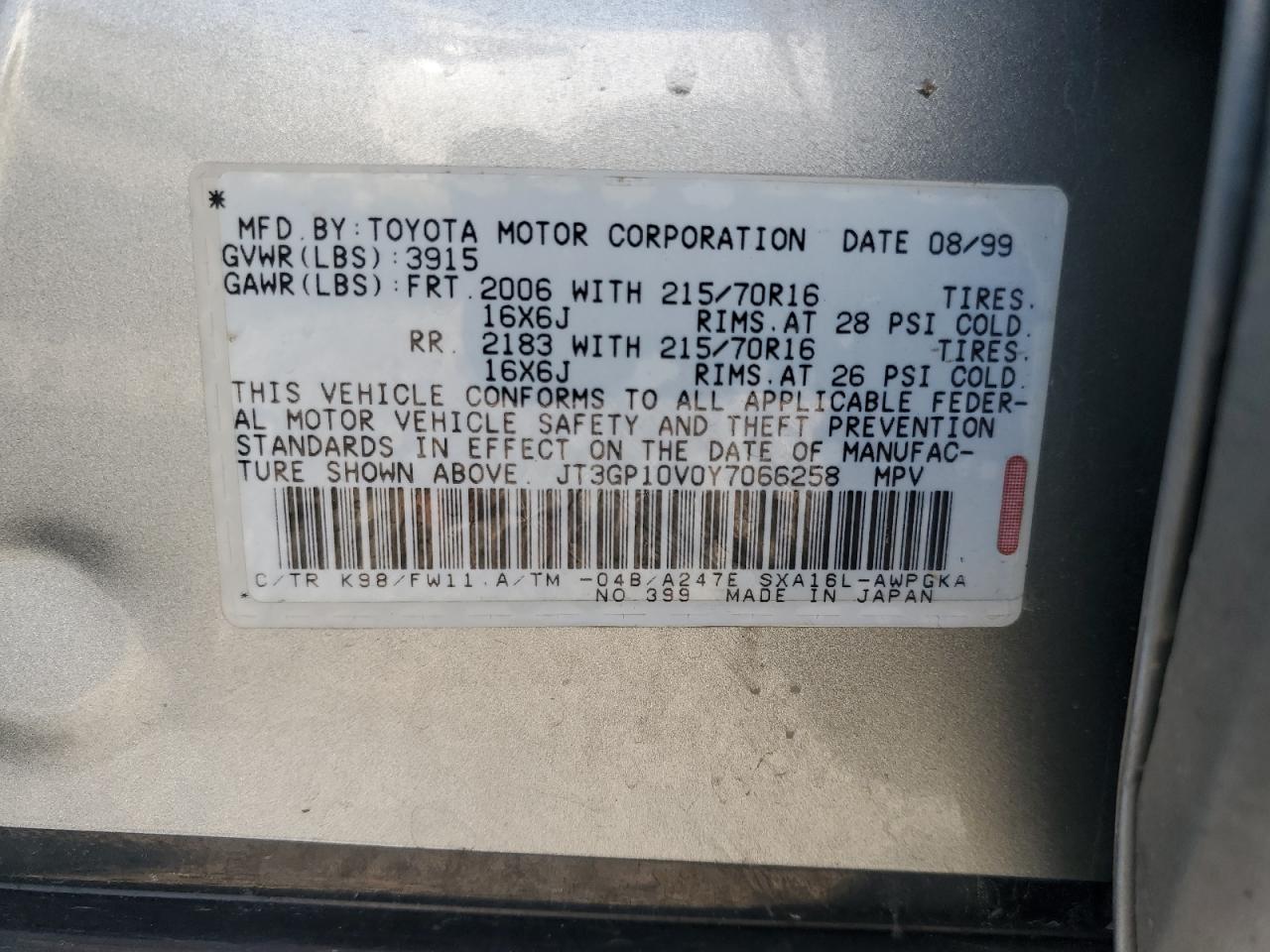 JT3GP10V0Y7066258 2000 Toyota Rav4