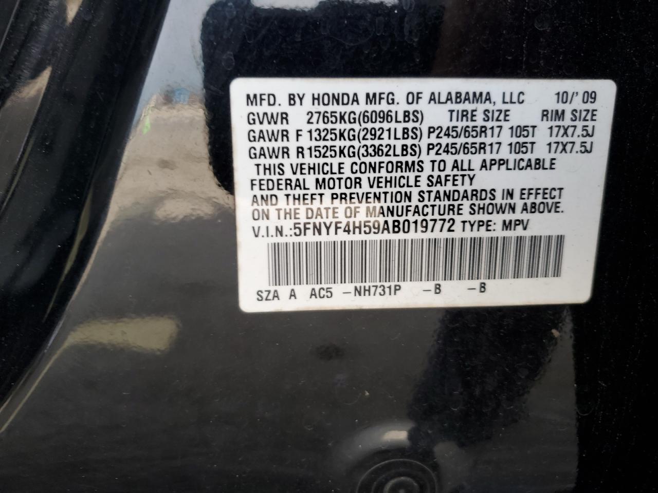 5FNYF4H59AB019772 2010 Honda Pilot Exl