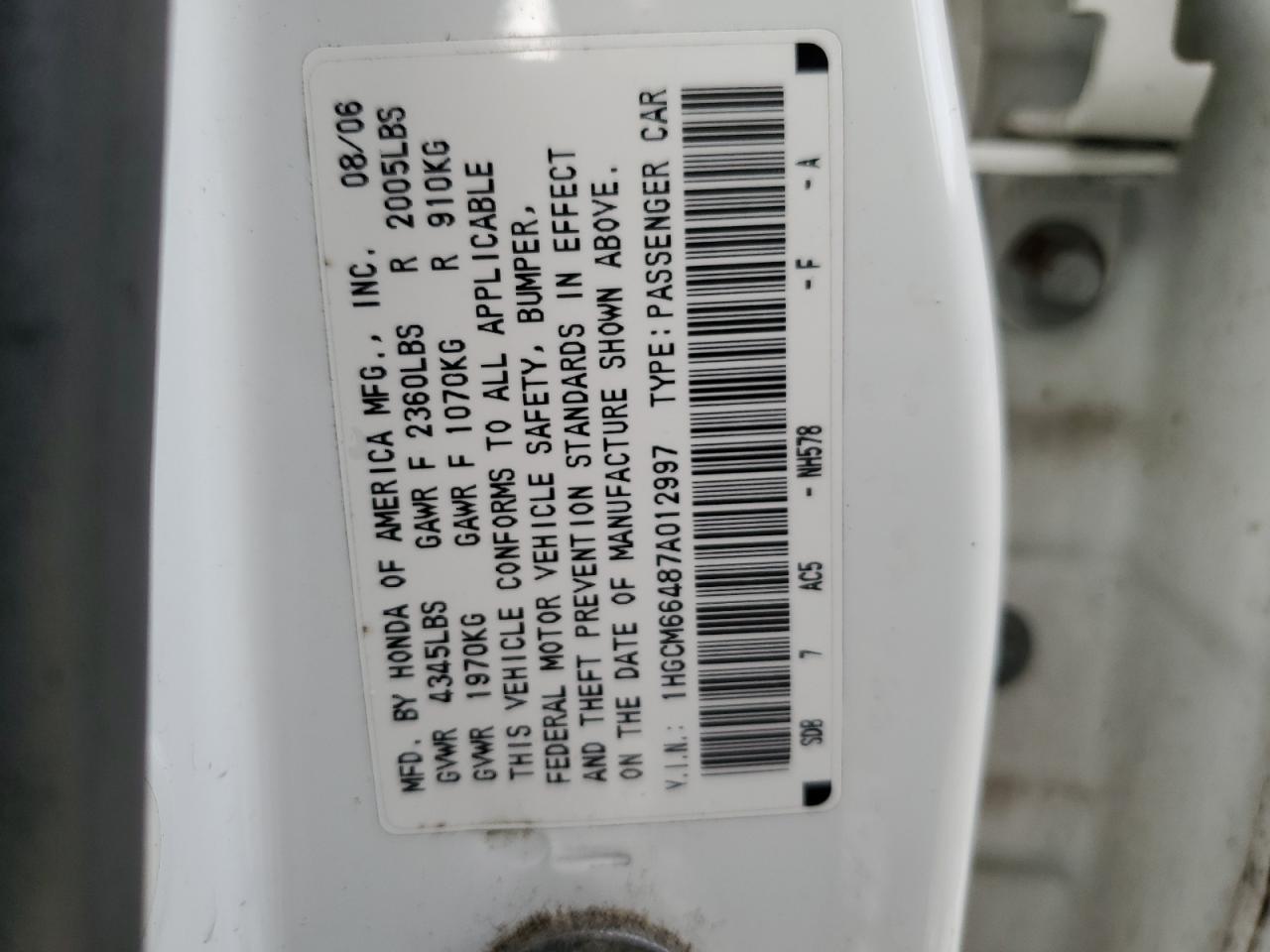 1HGCM66487A012997 2007 Honda Accord Se