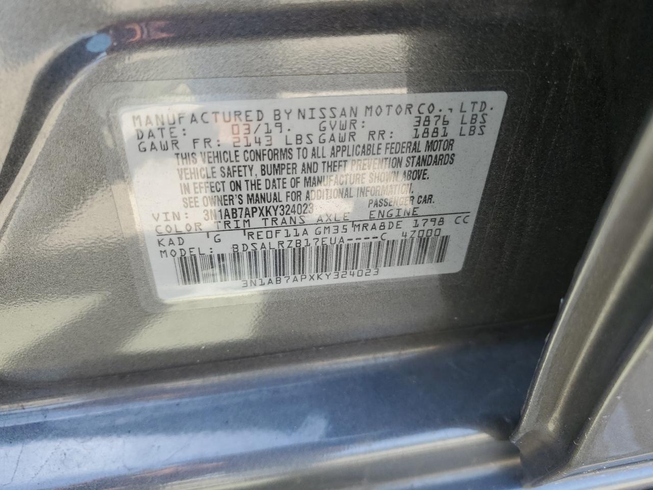 3N1AB7APXKY324023 2019 Nissan Sentra S