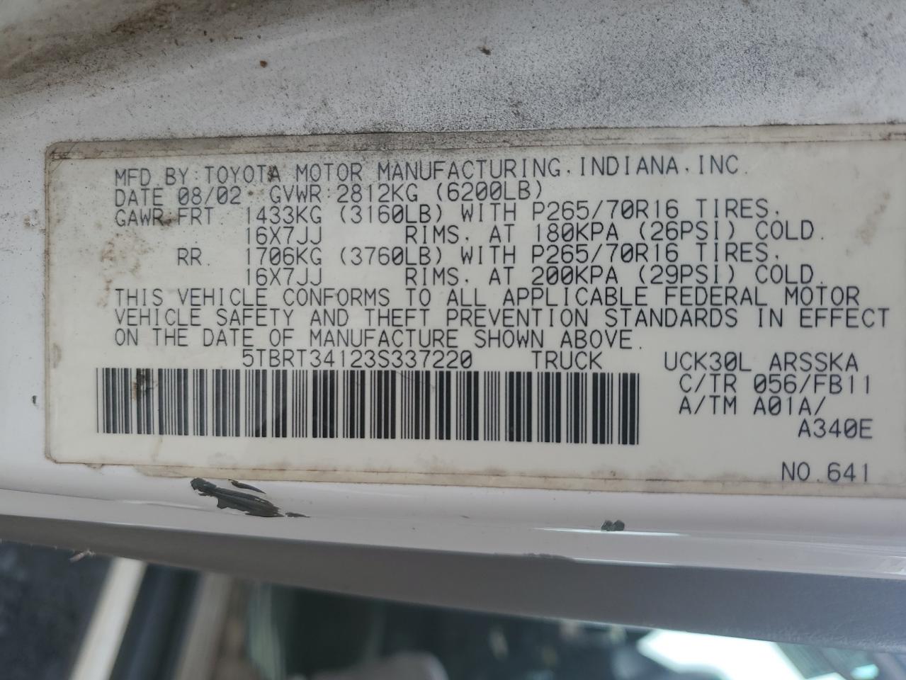 5TBRT34123S337220 2003 Toyota Tundra Access Cab Sr5