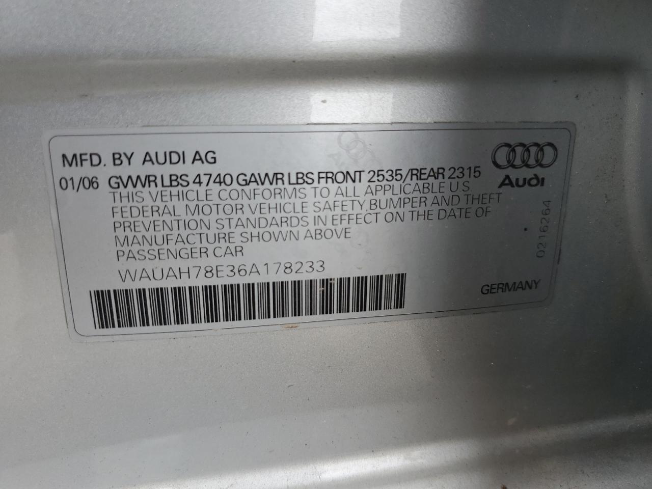 2006 Audi A4 3.2 VIN: WAUAH78E36A178233 Lot: 72765844