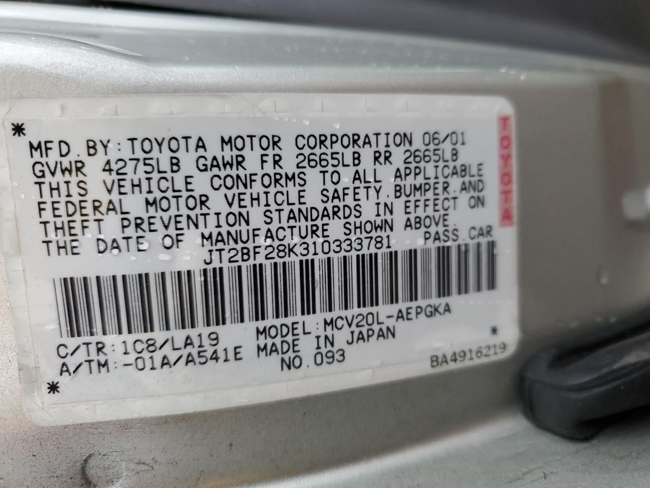 JT2BF28K310333781 2001 Toyota Camry Le