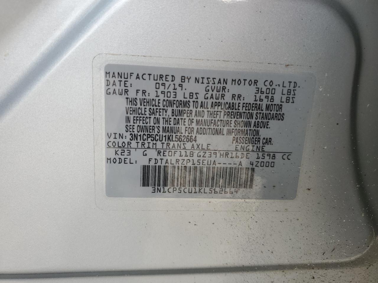 3N1CP5CU1KL562664 2019 Nissan Kicks S