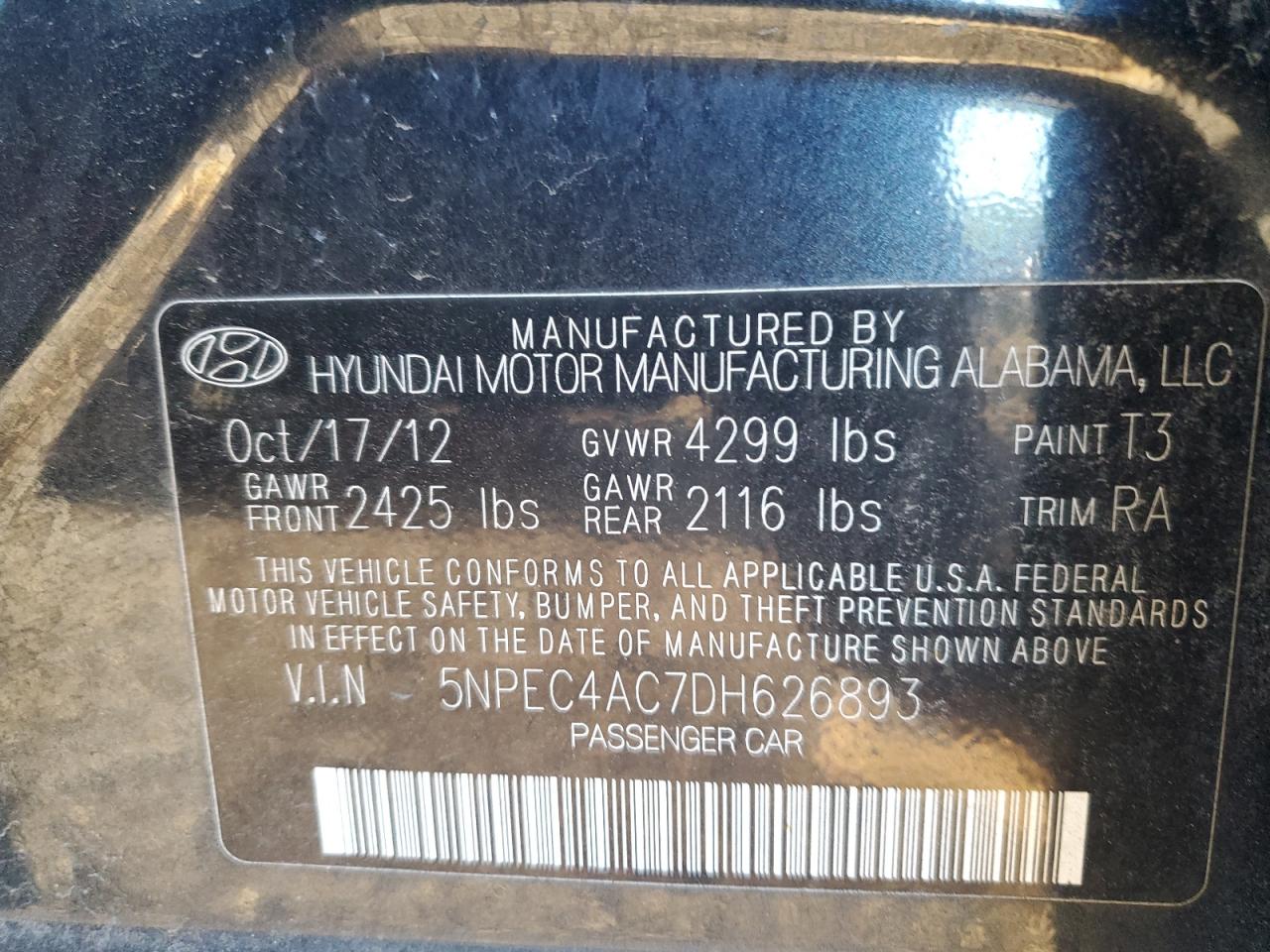 5NPEC4AC7DH626893 2013 Hyundai Sonata Se