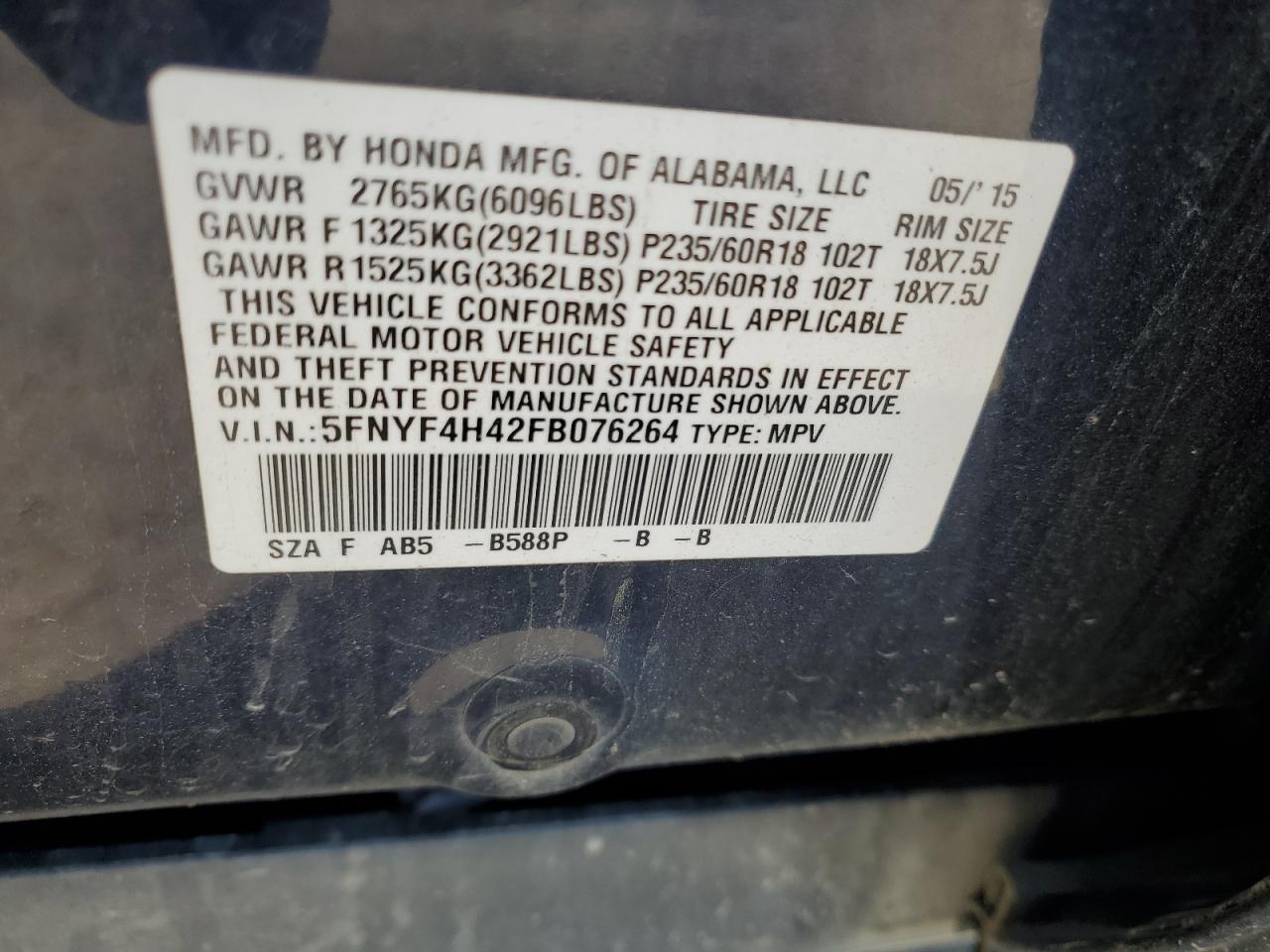 5FNYF4H42FB076264 2015 Honda Pilot Ex