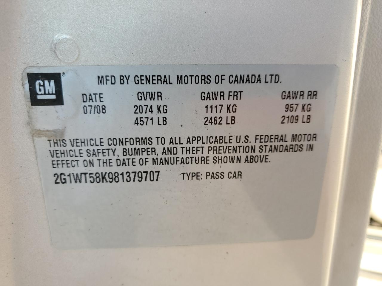 2008 Chevrolet Impala Lt VIN: 2G1WT58K981379707 Lot: 69001254