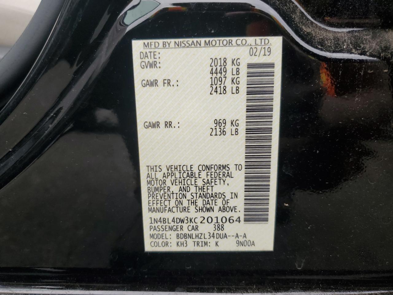 2019 Nissan Altima Sv VIN: 1N4BL4DW3KC201064 Lot: 71626374