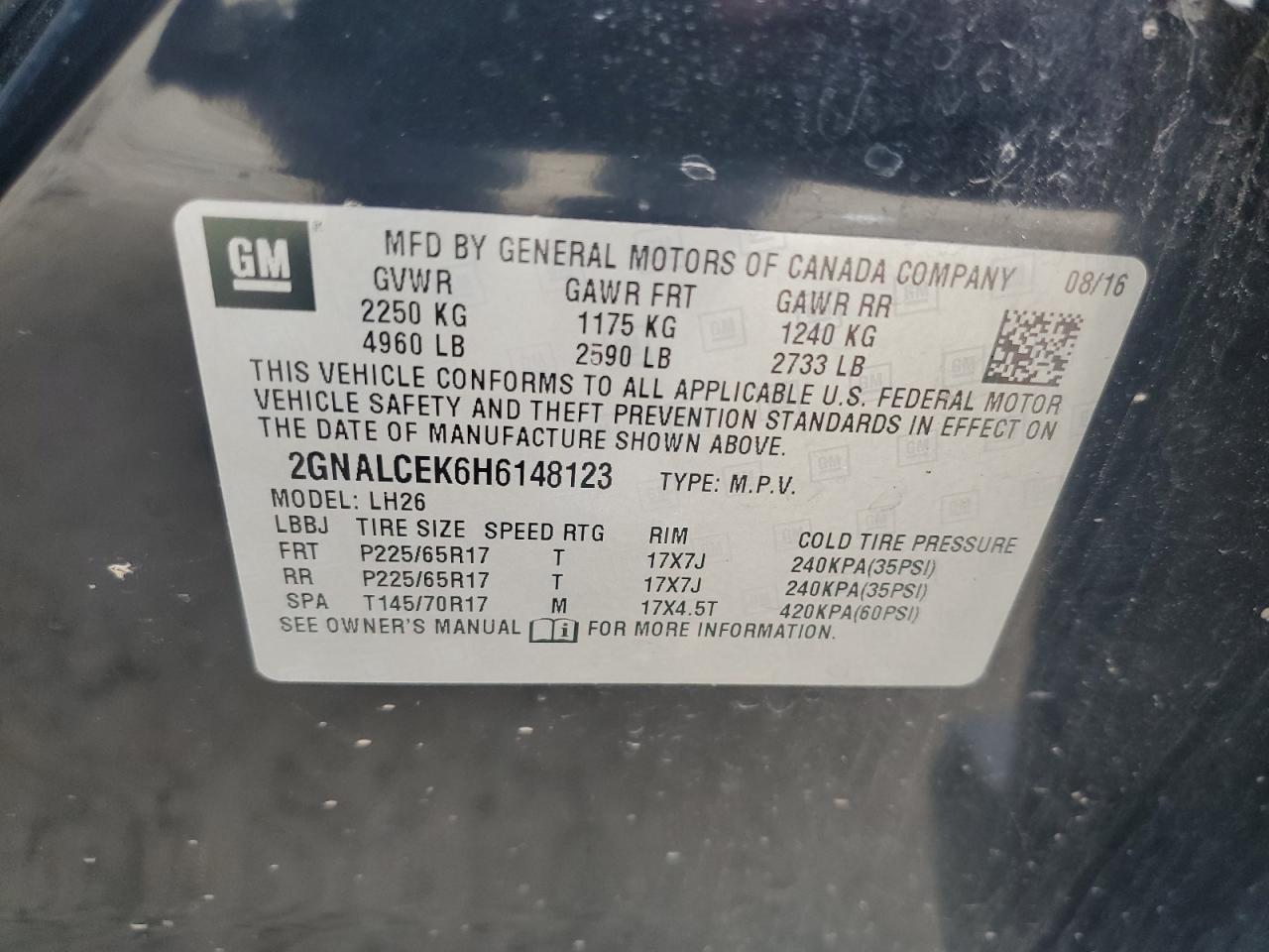 2GNALCEK6H6148123 2017 Chevrolet Equinox Lt