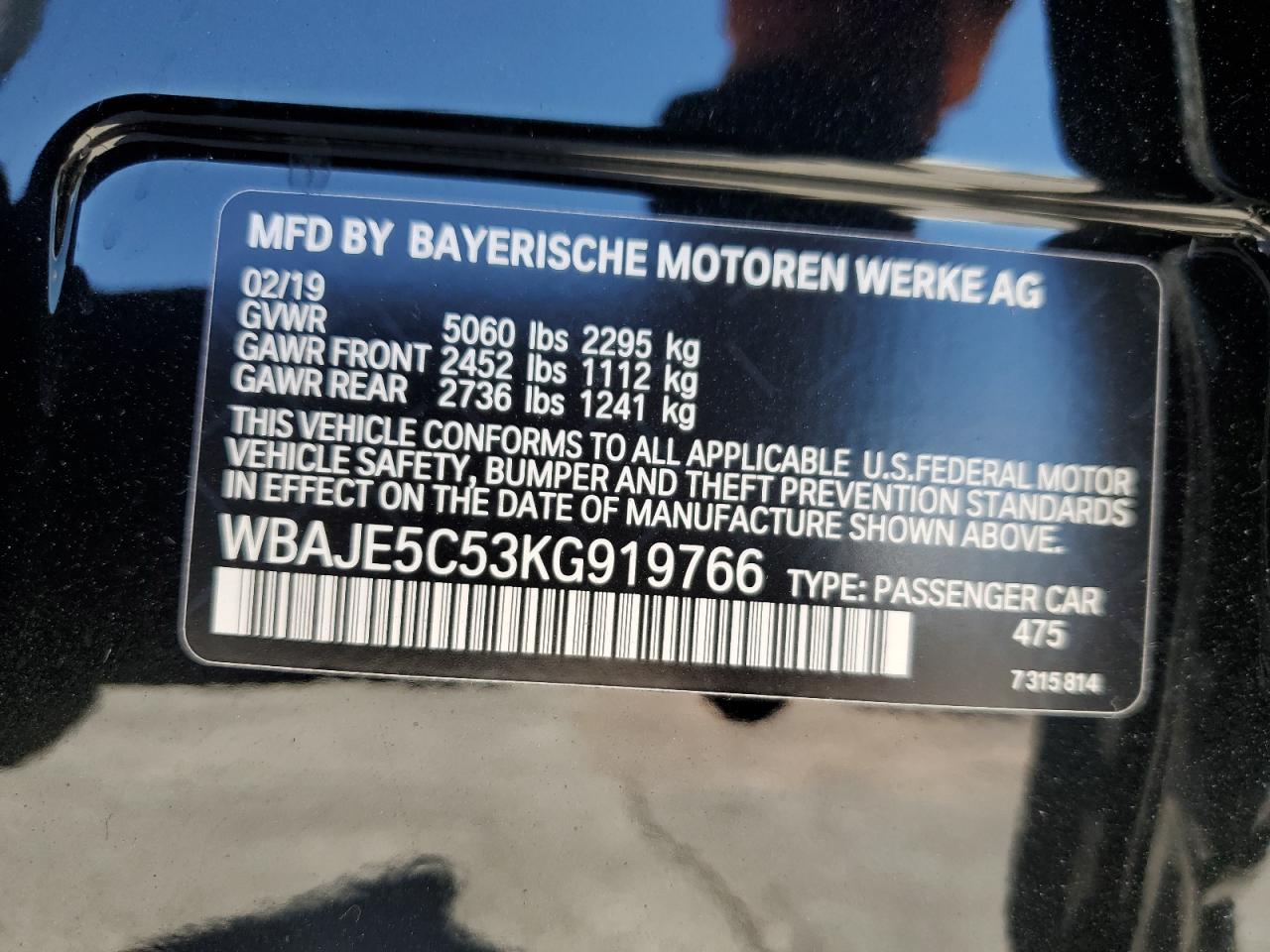 2019 BMW 540 I VIN: WBAJE5C53KG919766 Lot: 70189834