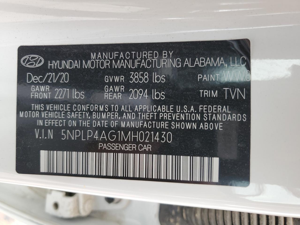 5NPLP4AG1MH021430 2021 Hyundai Elantra Limited