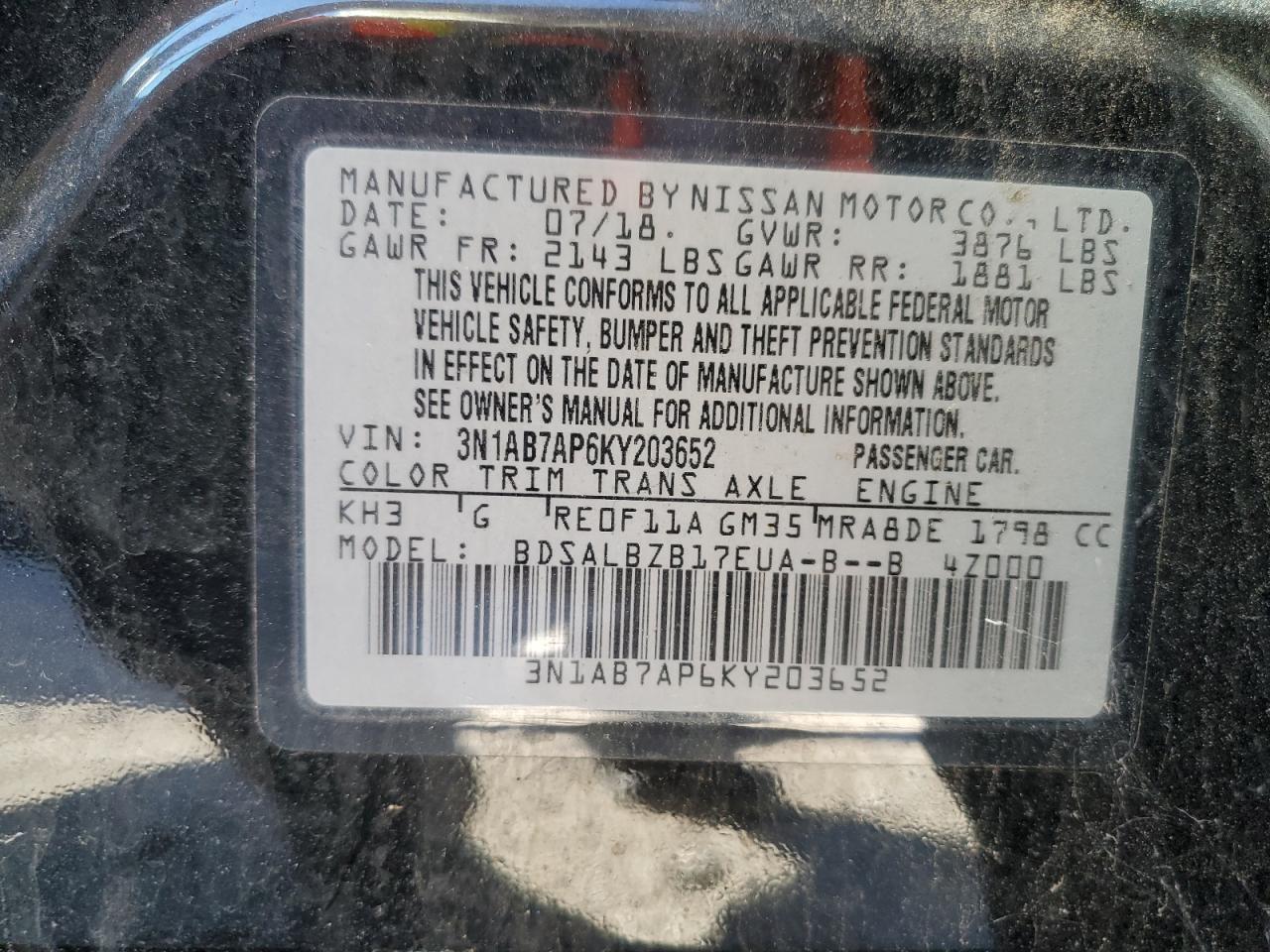 3N1AB7AP6KY203652 2019 Nissan Sentra S