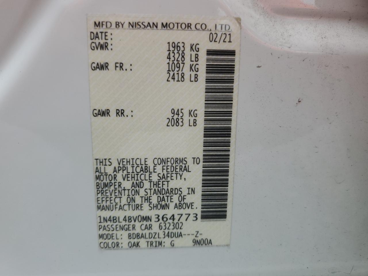 2021 Nissan Altima S VIN: 1N4BL4BV0MN364773 Lot: 70823304