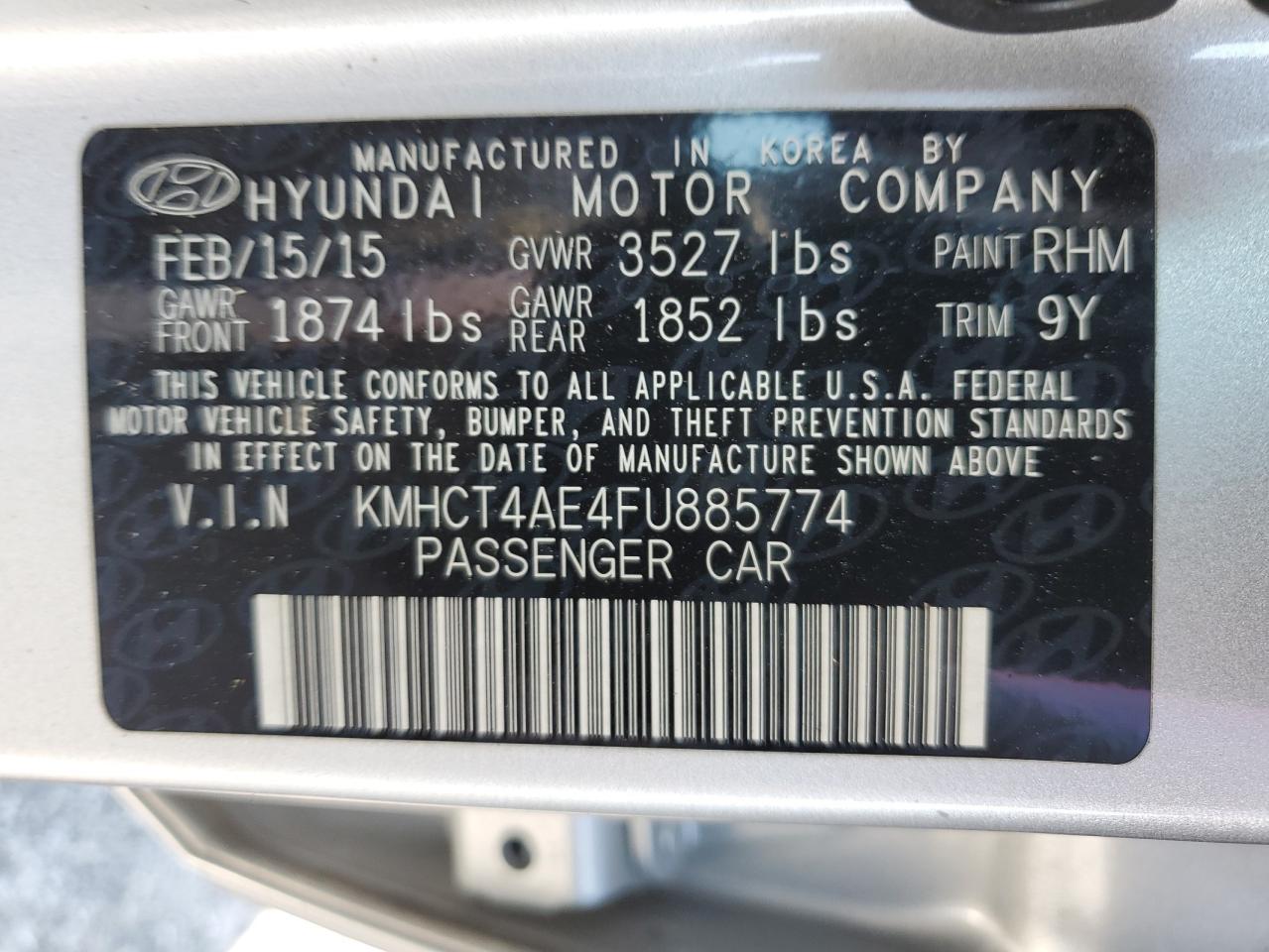 2015 Hyundai Accent Gls VIN: KMHCT4AE4FU885774 Lot: 70491924