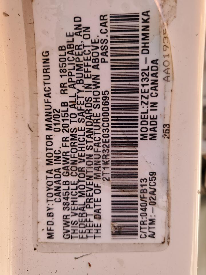 2003 Toyota Corolla Matrix Xr VIN: 2T1KR32E03C000695 Lot: 71465944