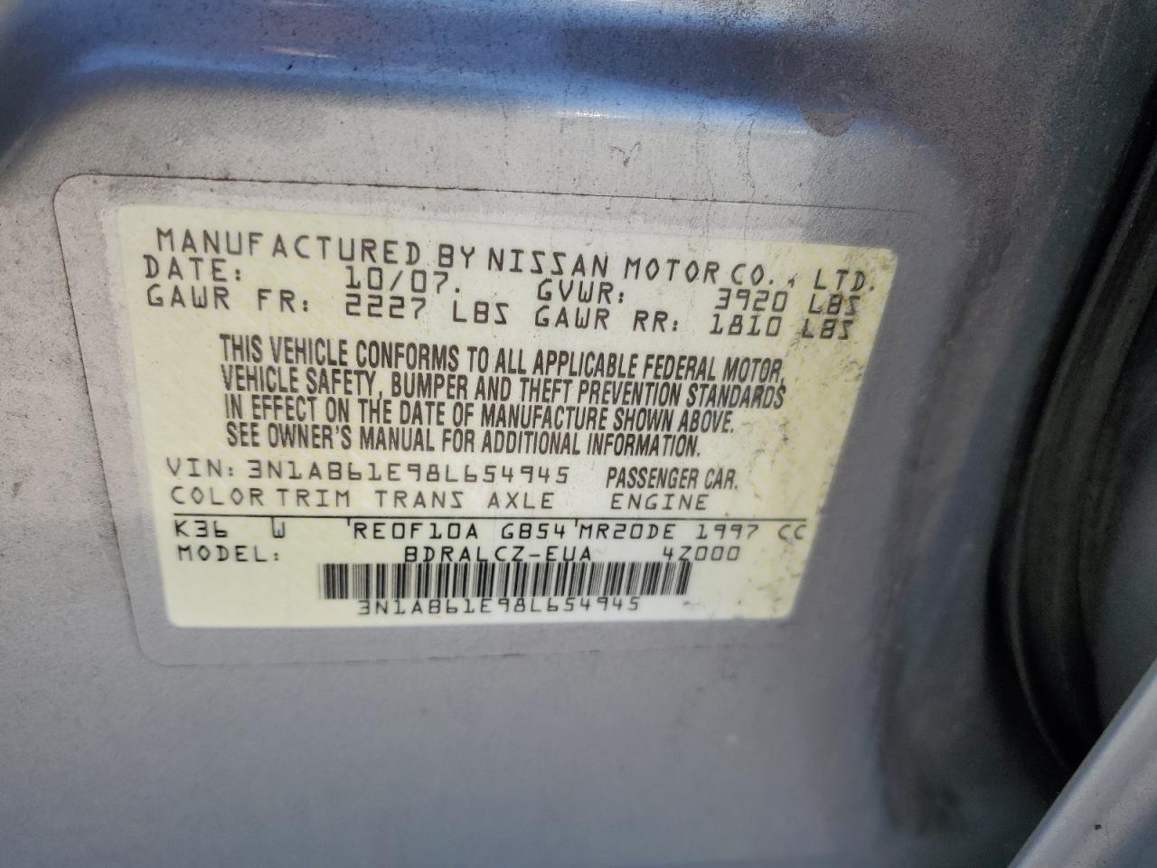 3N1AB61E98L654945 2008 Nissan Sentra 2.0