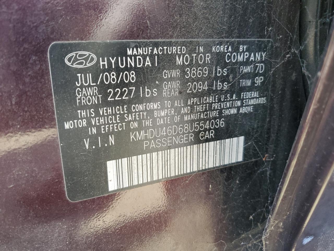 KMHDU46D68U554036 2008 Hyundai Elantra Gls