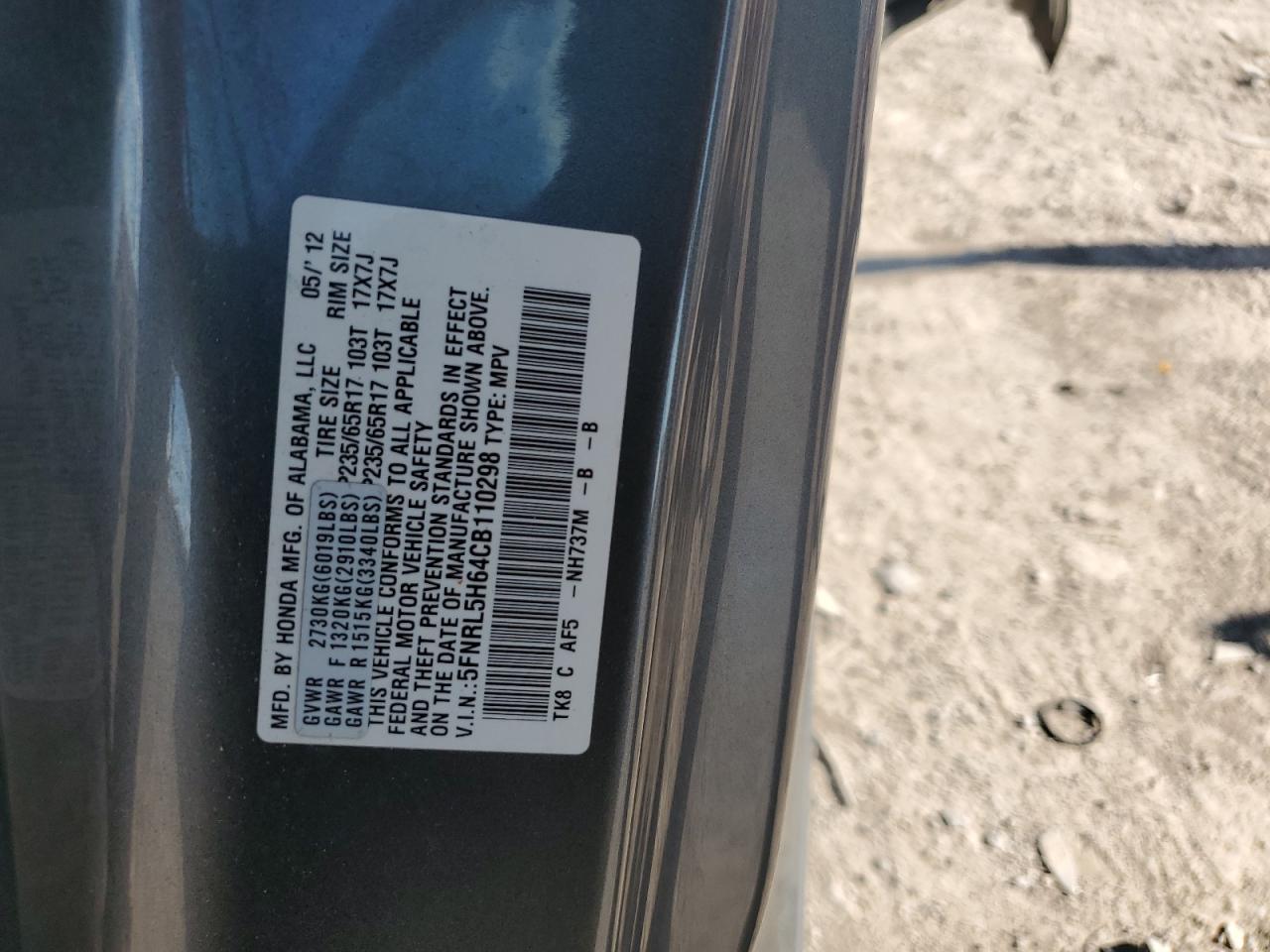 5FNRL5H64CB110298 2012 Honda Odyssey Exl