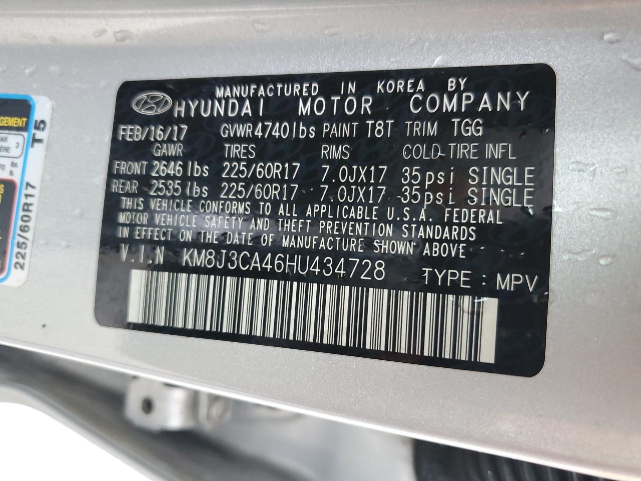 KM8J3CA46HU434728 2017 Hyundai Tucson Limited