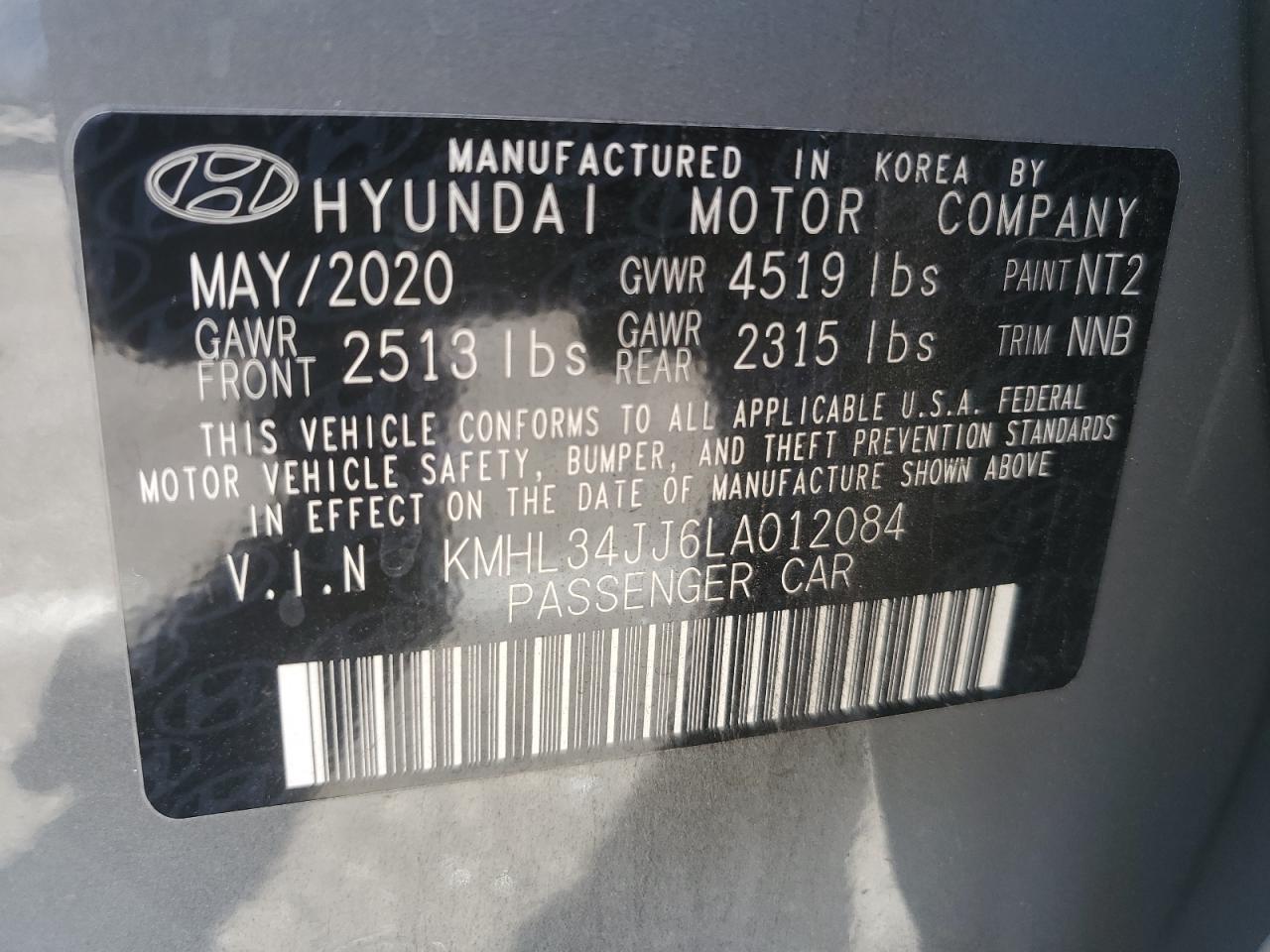 2020 Hyundai Sonata Hybrid VIN: KMHL34JJ6LA012084 Lot: 69891204