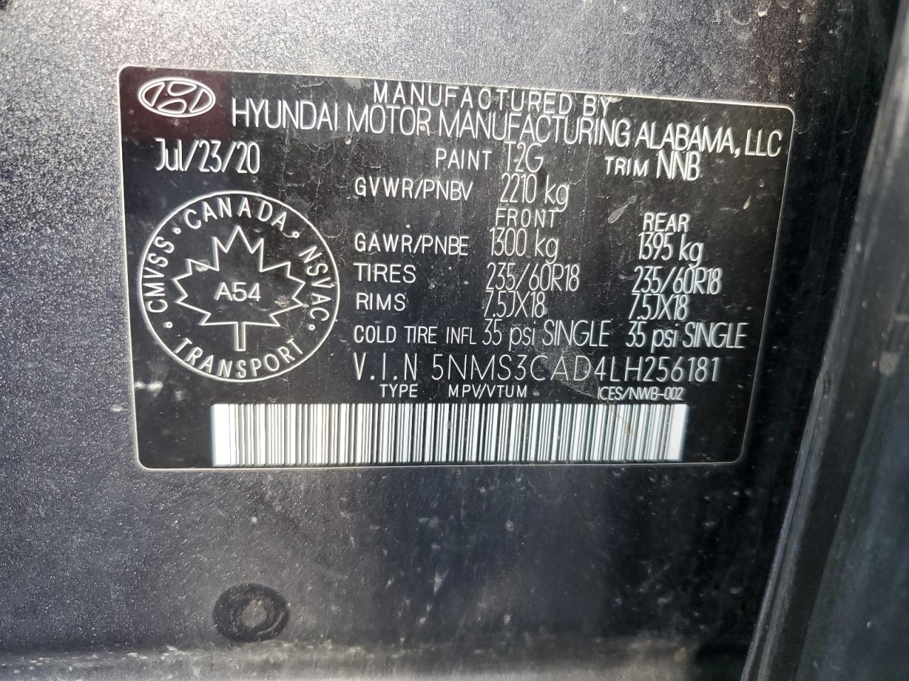 5NMS3CAD4LH256181 2020 Hyundai Santa Fe Sel