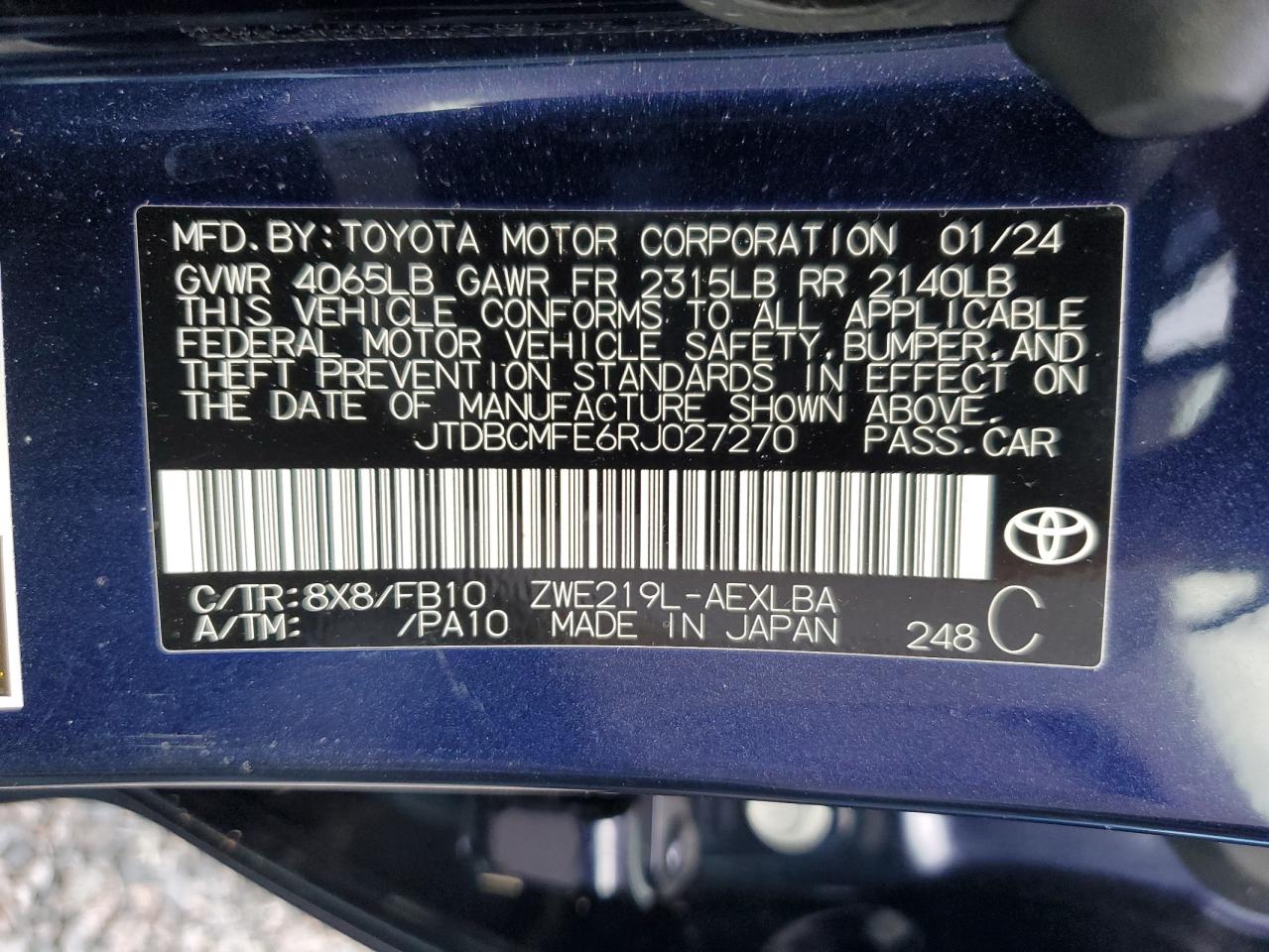 2024 Toyota Corolla Le VIN: JTDBCMFE6RJ027270 Lot: 73684784