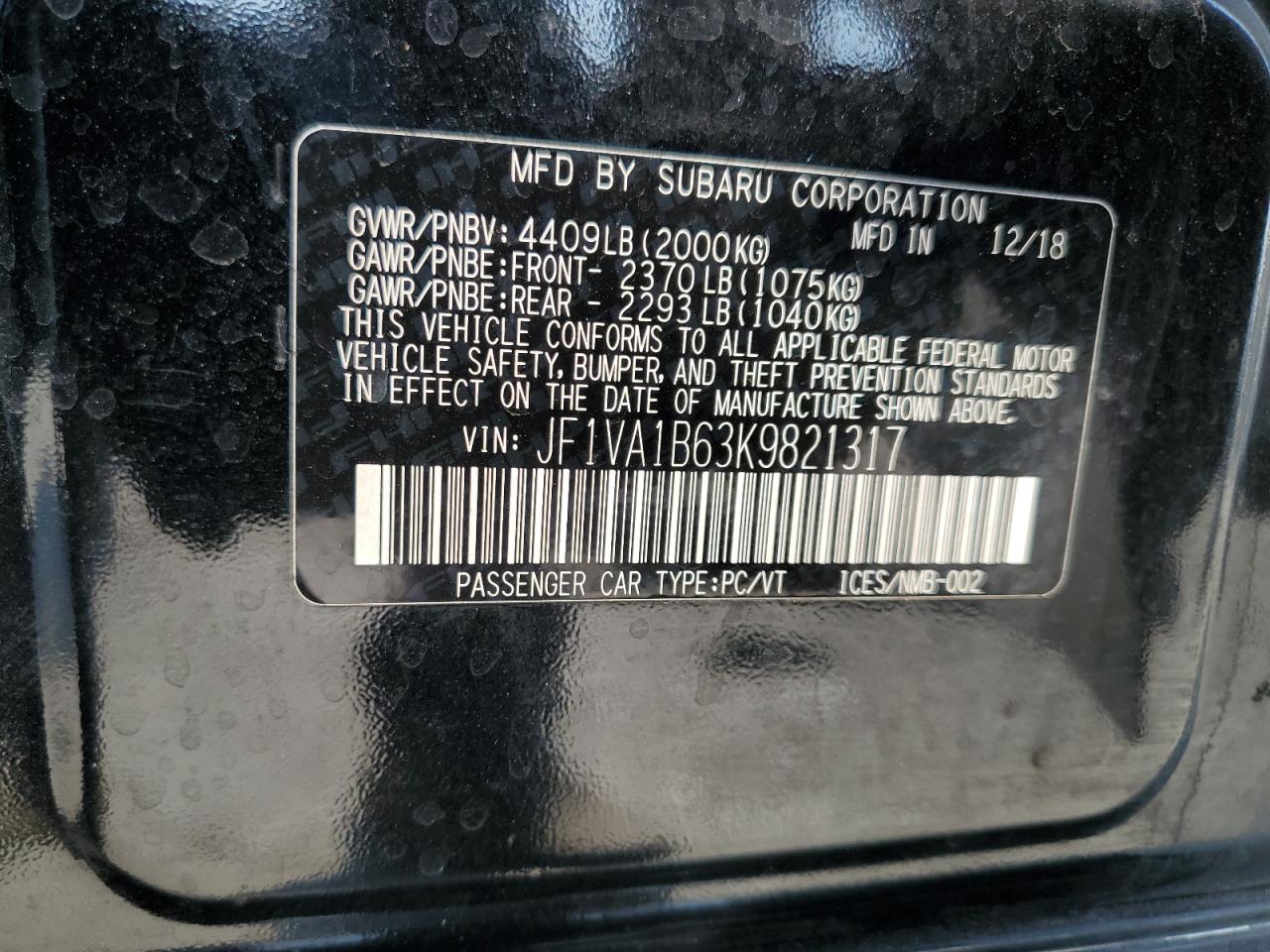 JF1VA1B63K9821317 2019 Subaru Wrx Premium