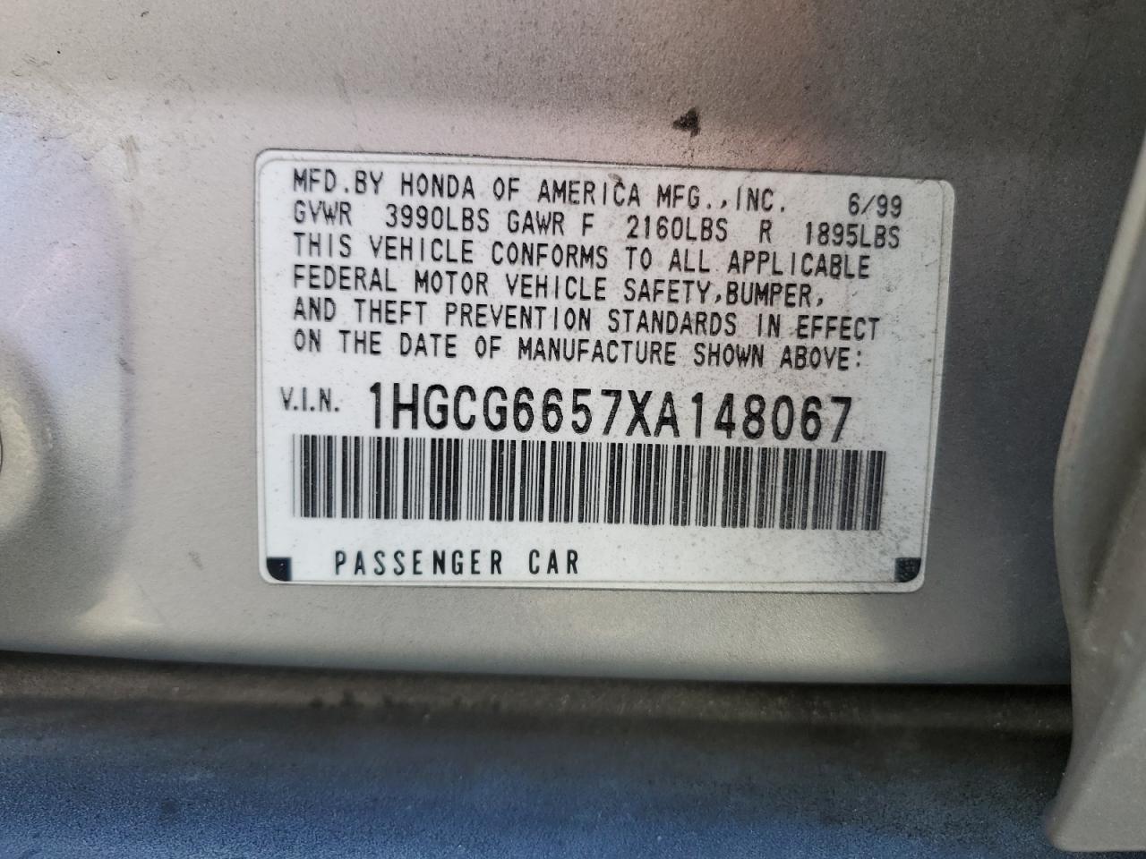 1HGCG6657XA148067 1999 Honda Accord Lx