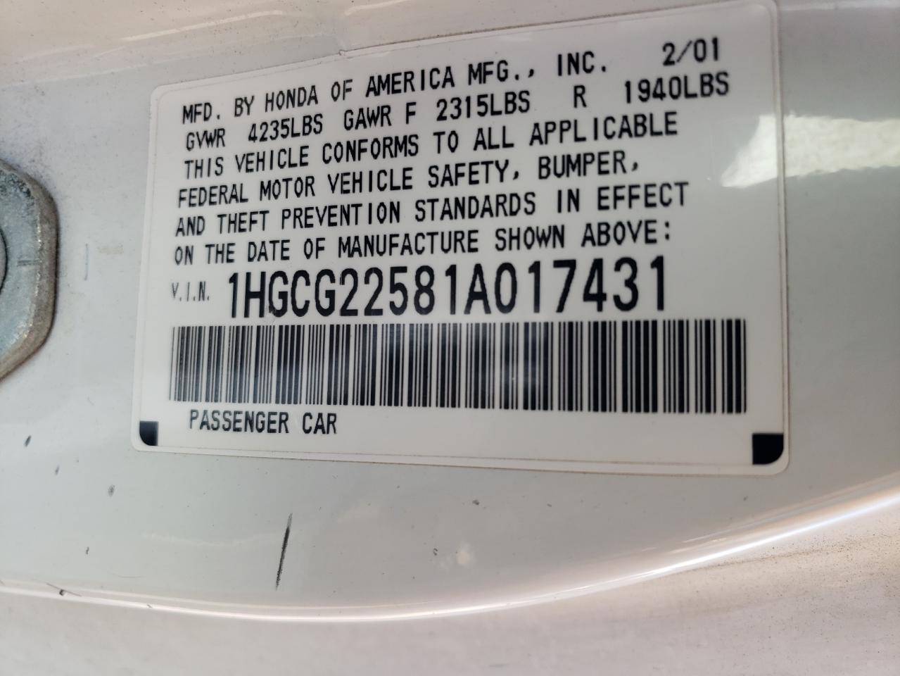 1HGCG22581A017431 2001 Honda Accord Ex