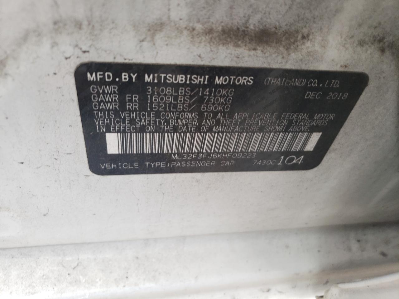 2019 Mitsubishi Mirage G4 Es VIN: ML32F3FJ6KHF09223 Lot: 70255014