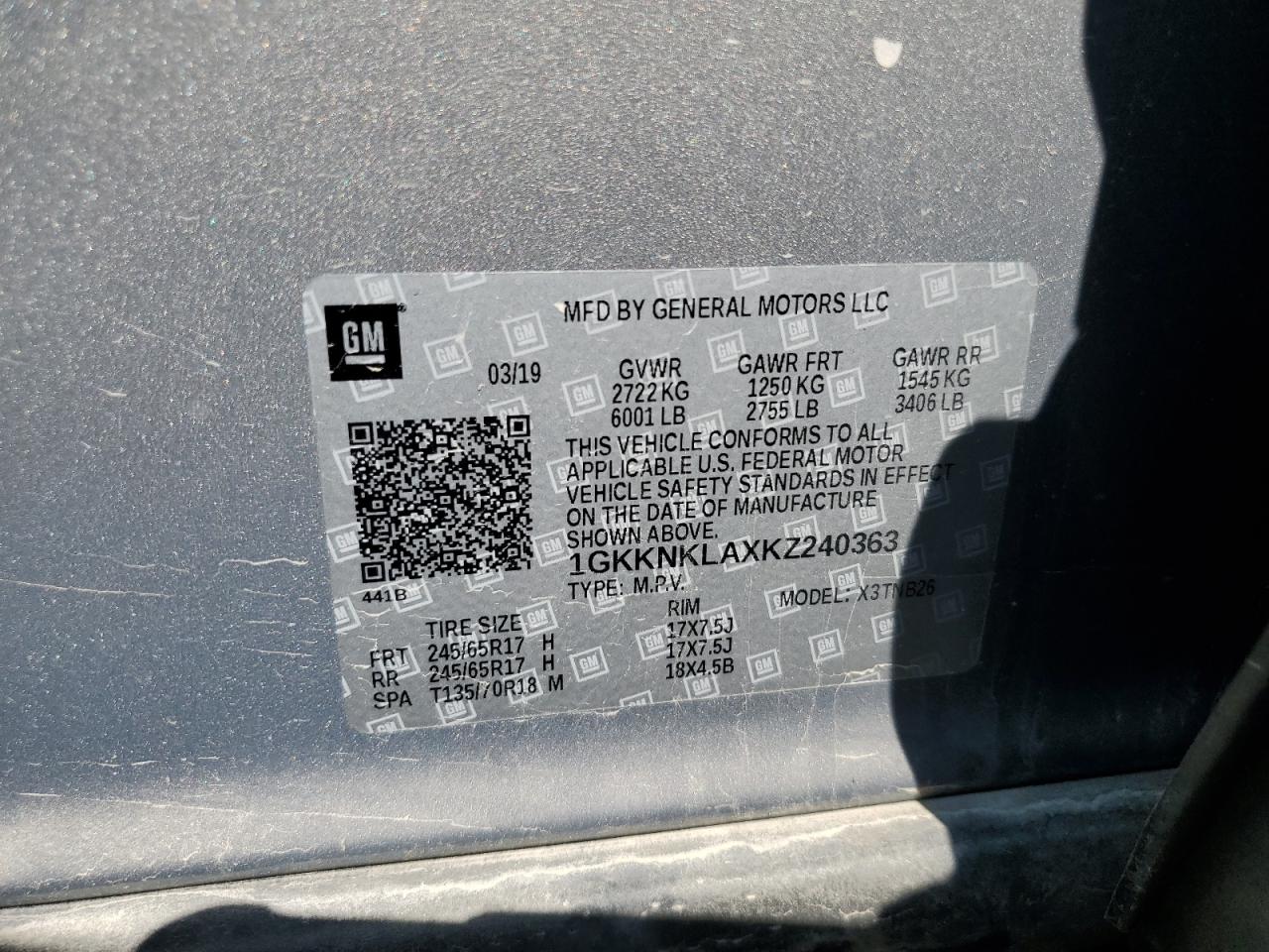 1GKKNKLAXKZ240363 2019 GMC Acadia Sle