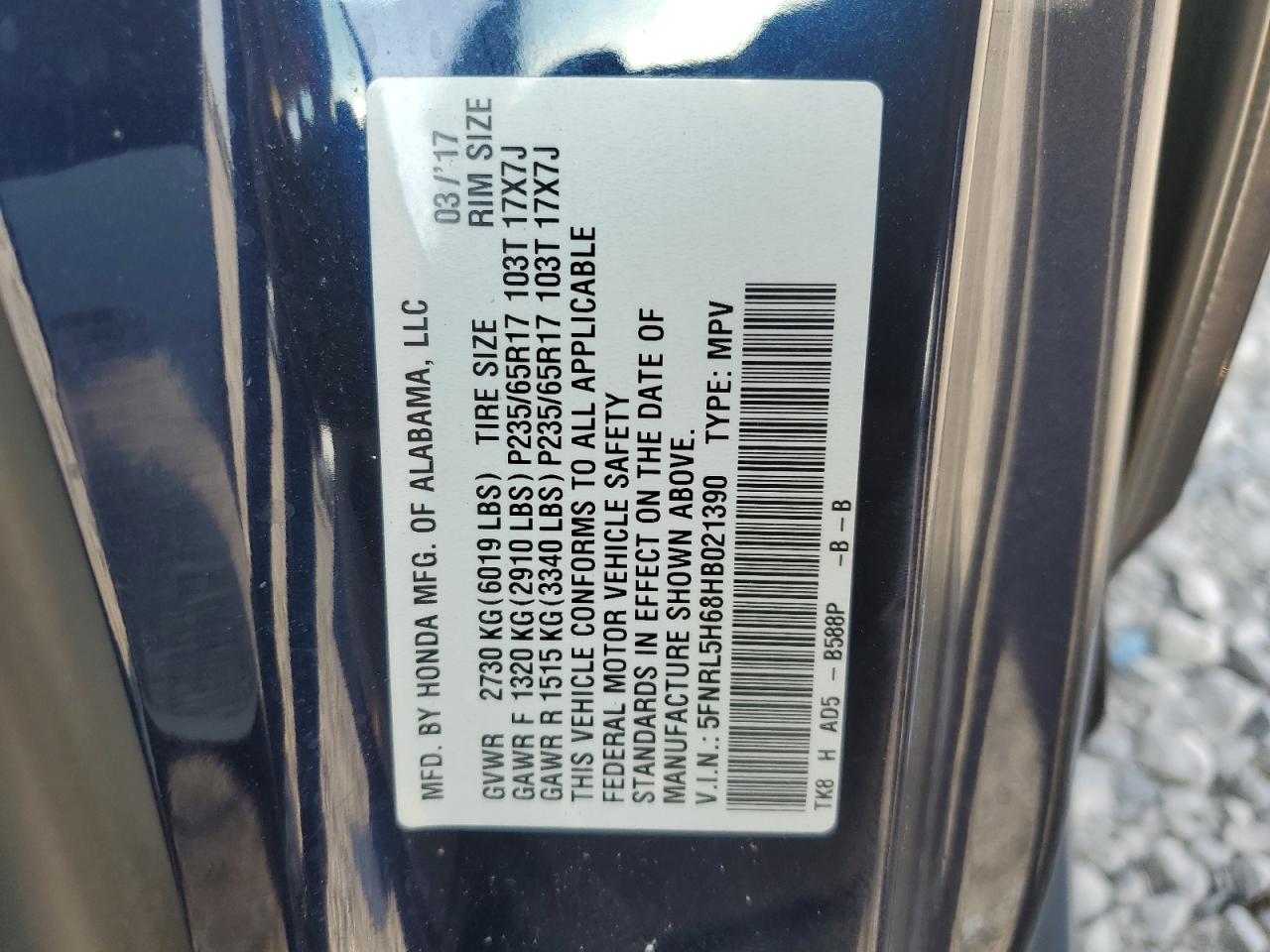 5FNRL5H68HB021390 2017 Honda Odyssey Exl