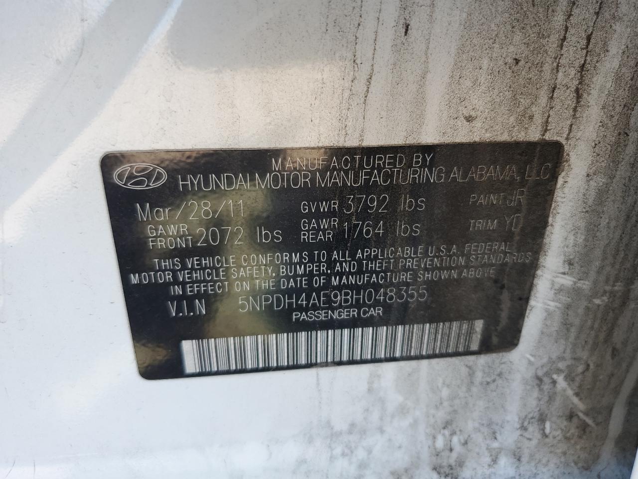 5NPDH4AE9BH048355 2011 Hyundai Elantra Gls