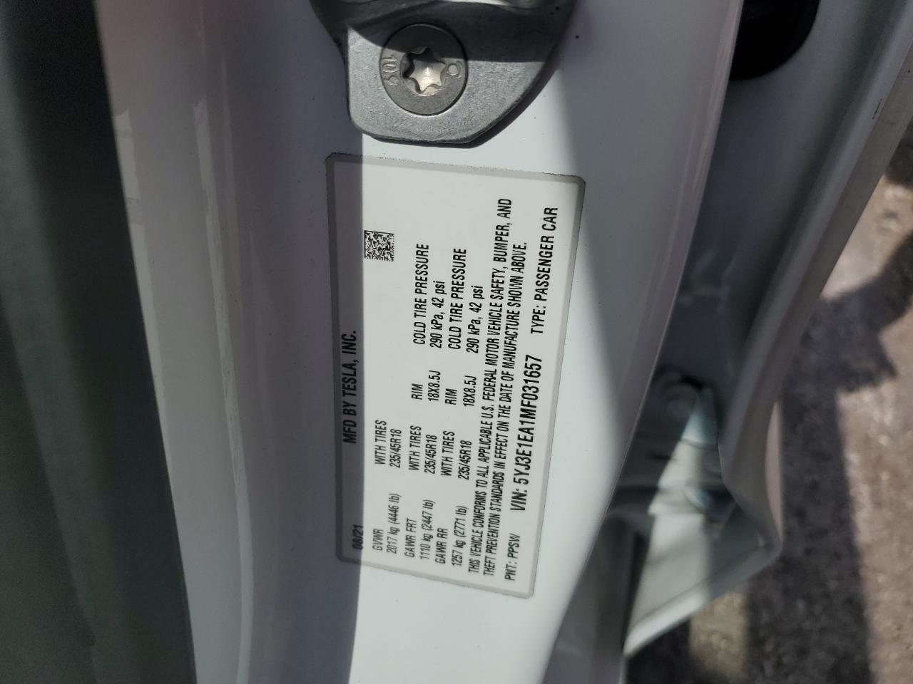 5YJ3E1EA1MF031657 2021 Tesla Model 3