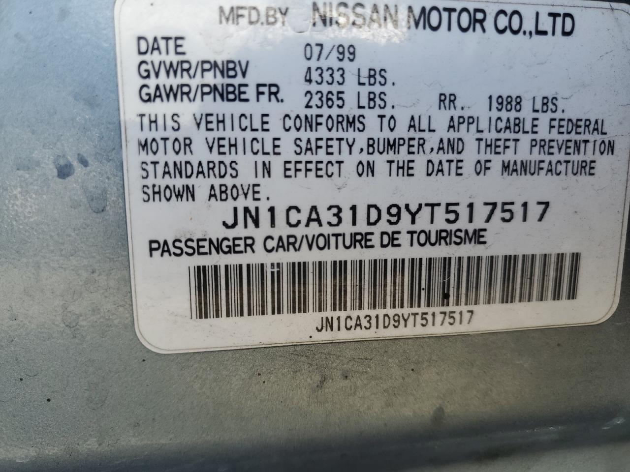 JN1CA31D9YT517517 2000 Nissan Maxima Gle