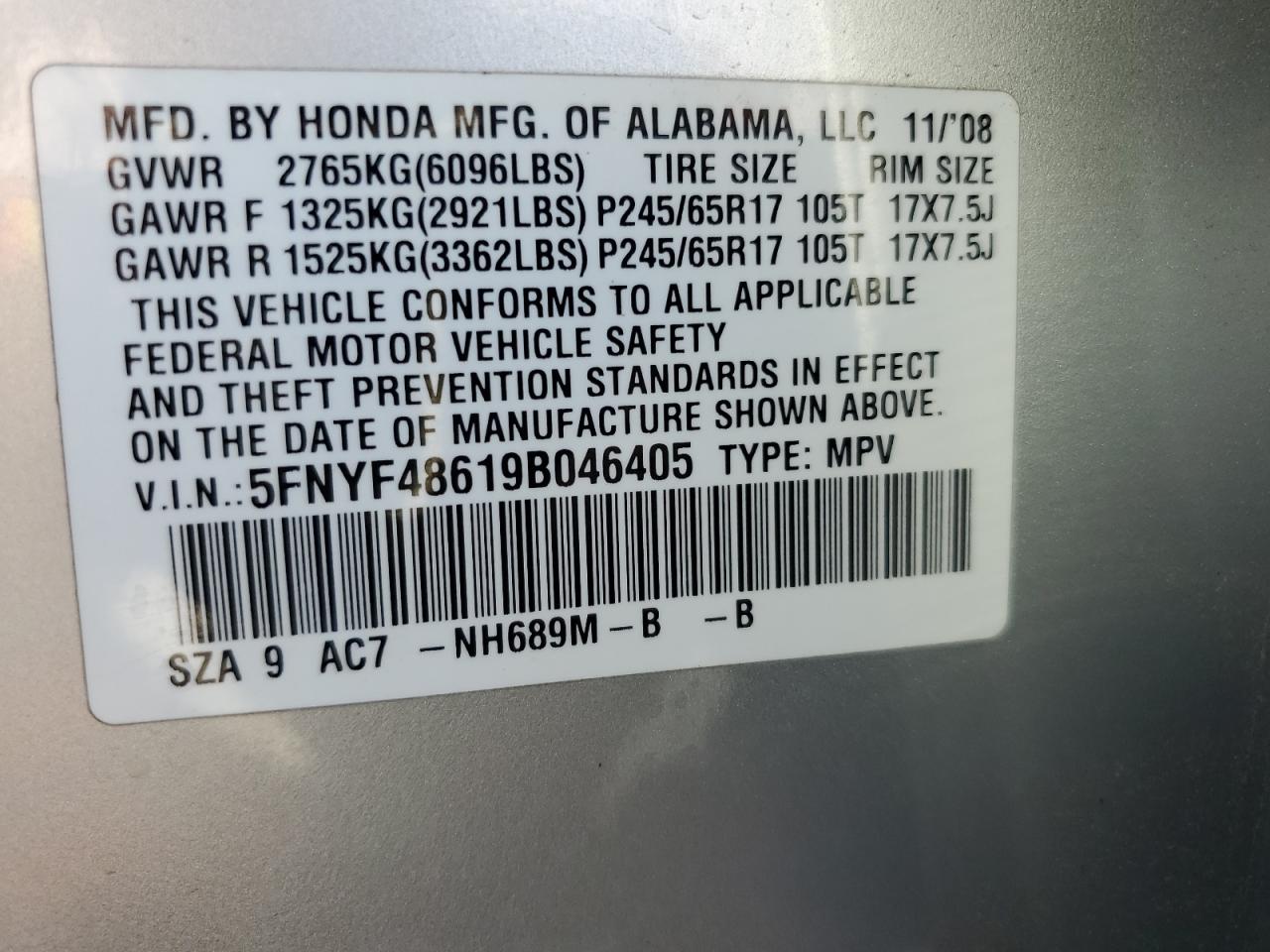 5FNYF48619B046405 2009 Honda Pilot Exl