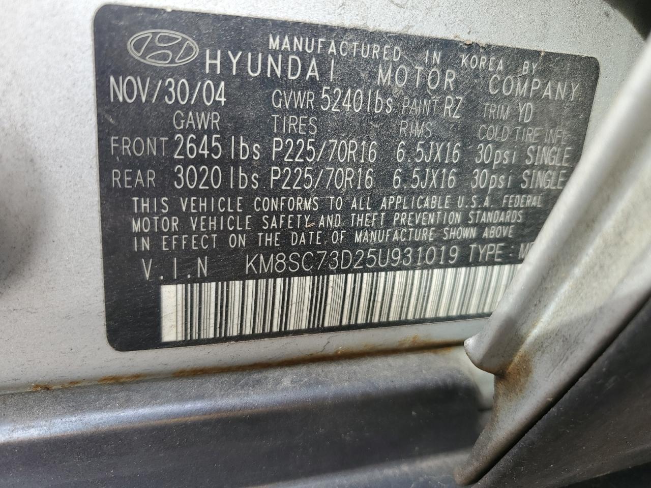 KM8SC73D25U931019 2005 Hyundai Santa Fe Gls