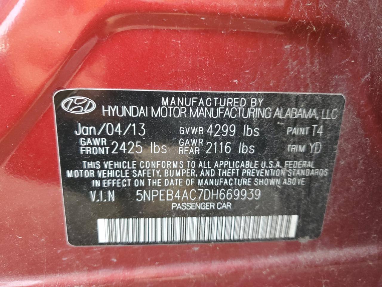 5NPEB4AC7DH669939 2013 Hyundai Sonata Gls