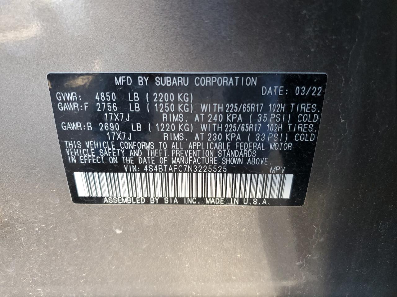 4S4BTAFC7N3225525 2022 Subaru Outback Premium