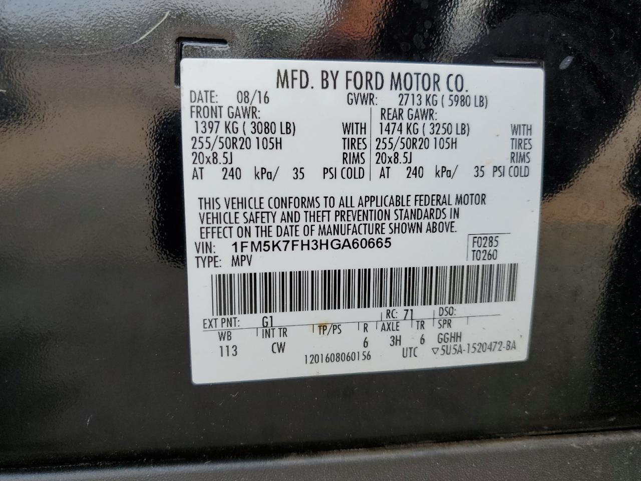 1FM5K7FH3HGA60665 2017 Ford Explorer Limited