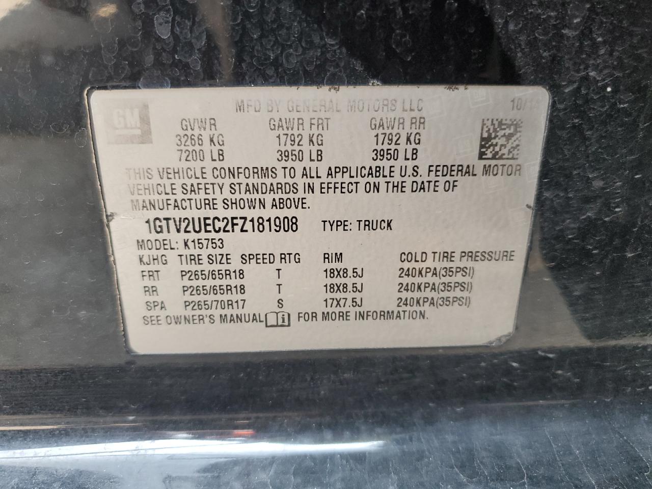 1GTV2UEC2FZ181908 2015 GMC Sierra K1500 Sle