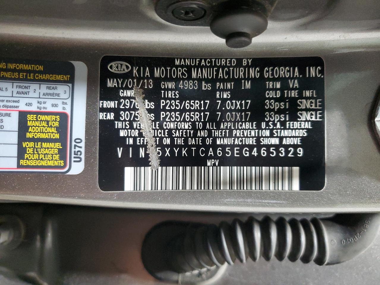 5XYKTCA65EG465329 2014 Kia Sorento Lx