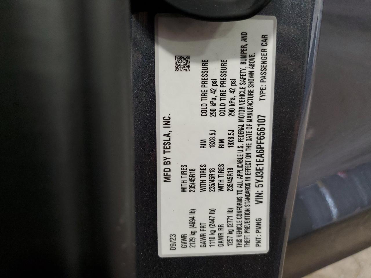 5YJ3E1EA6PF656107 2023 Tesla Model 3