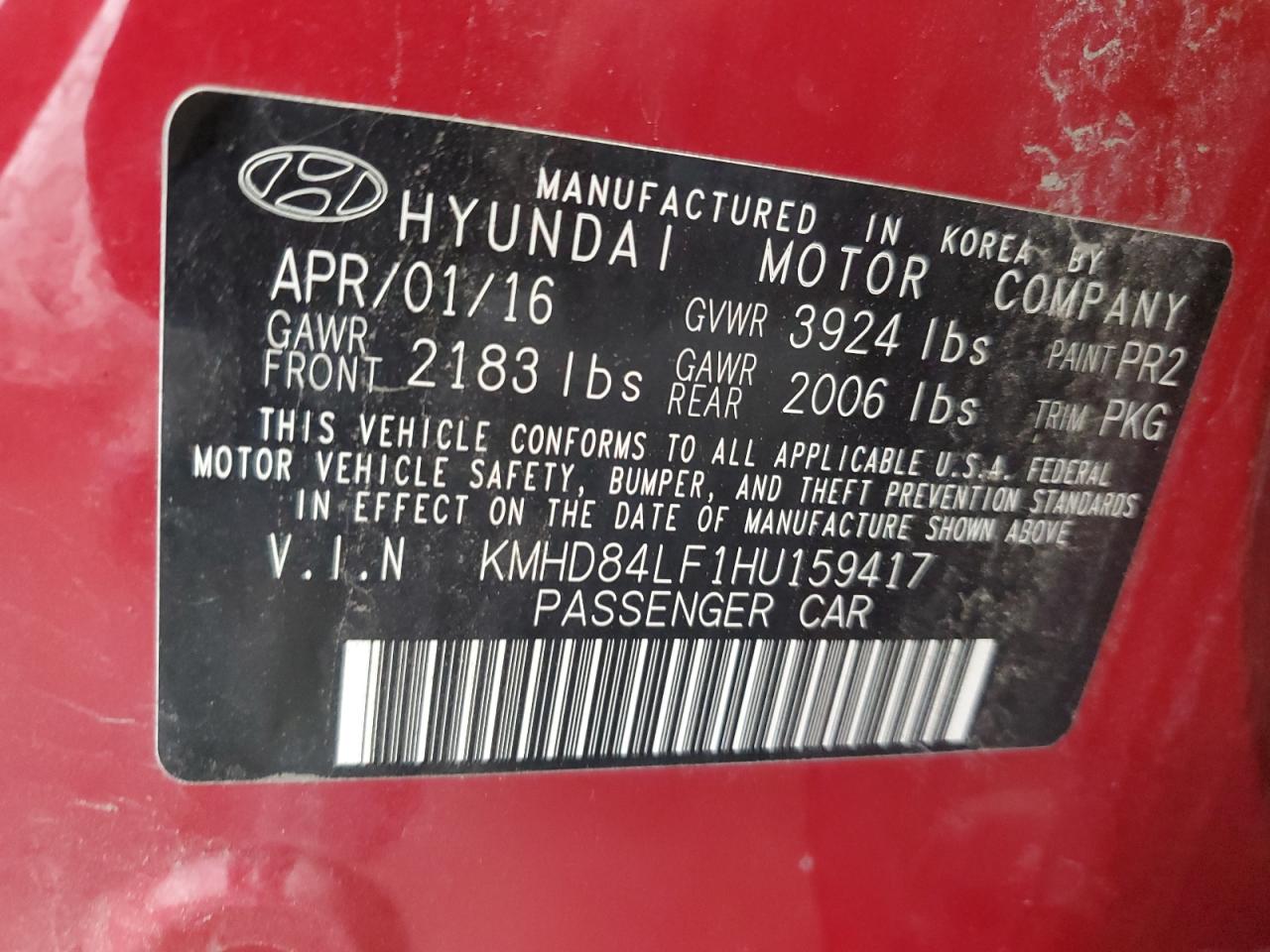 KMHD84LF1HU159417 2017 Hyundai Elantra Se