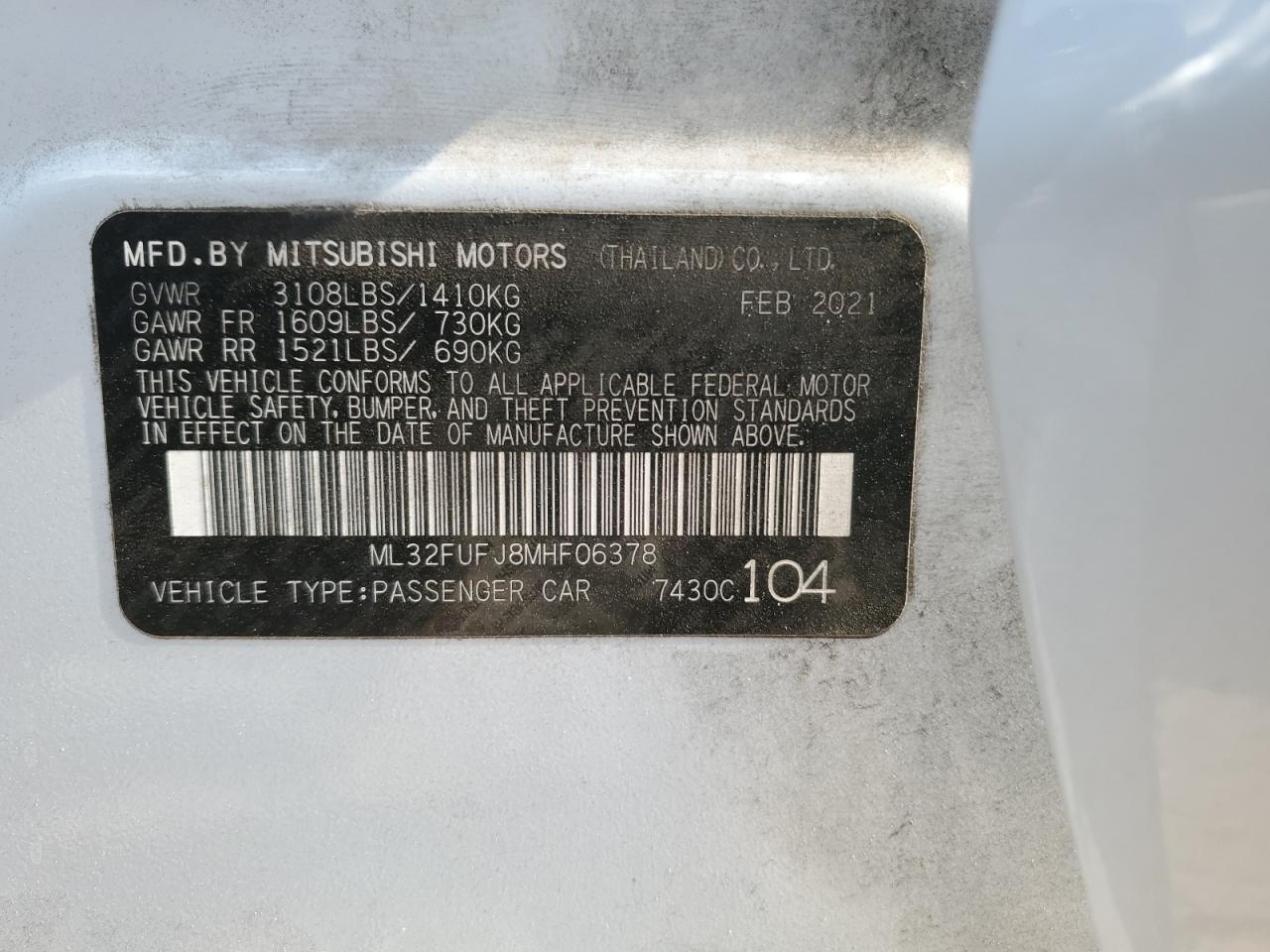 2021 Mitsubishi Mirage G4 Es VIN: ML32FUFJ8MHF06378 Lot: 73642024