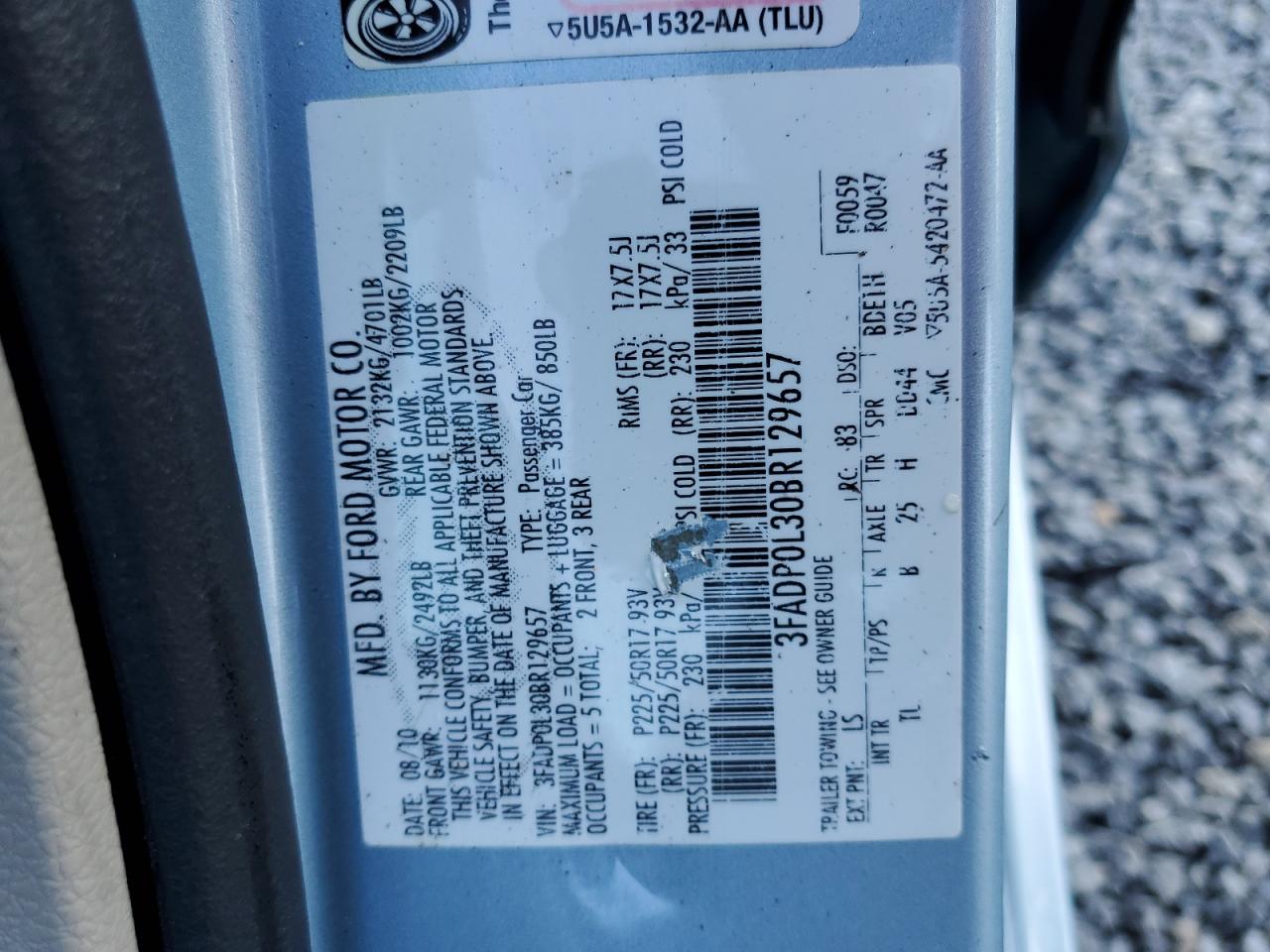 2011 Ford Fusion Hybrid VIN: 3FADP0L30BR129657 Lot: 72262864