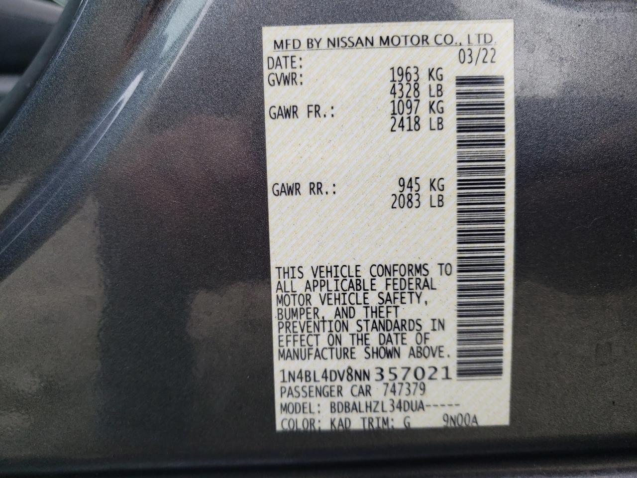 1N4BL4DV8NN357021 2022 Nissan Altima Sv