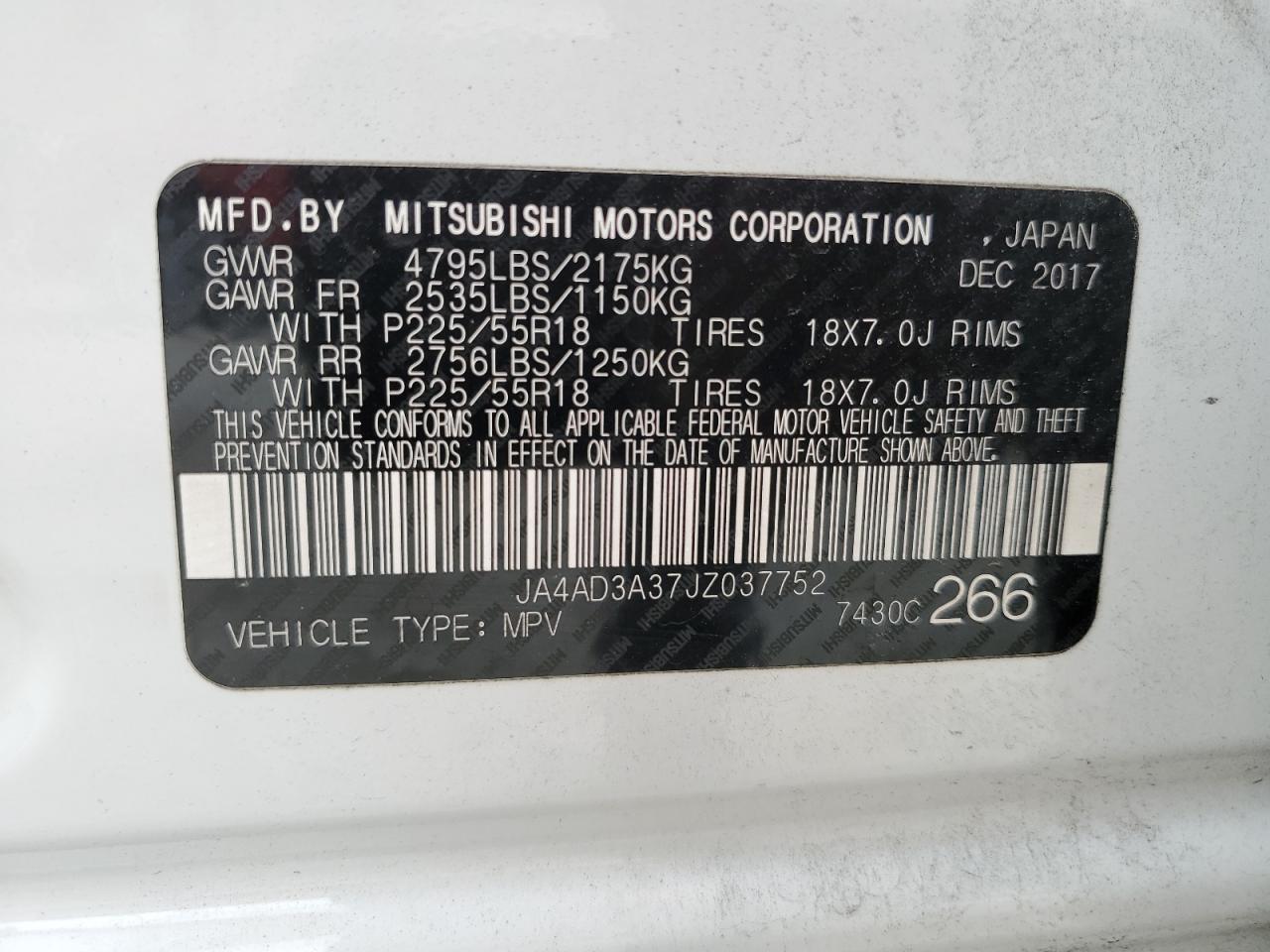 JA4AD3A37JZ037752 2018 Mitsubishi Outlander Se