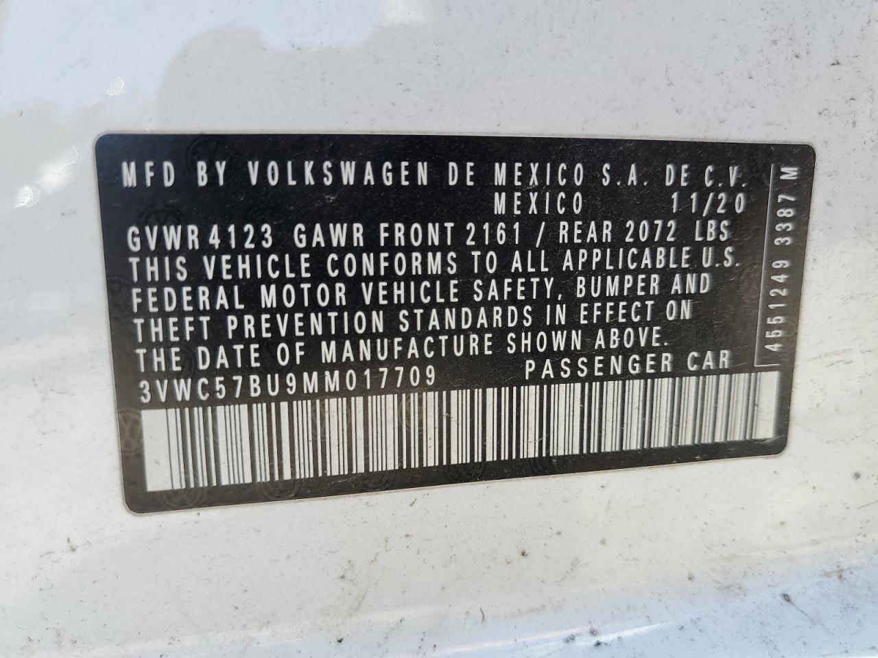 2021 Volkswagen Jetta S VIN: 3VWC57BU9MM017709 Lot: 71087044