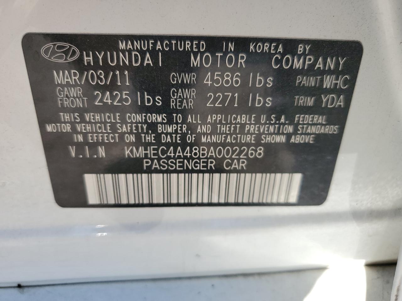 2011 Hyundai Sonata Hybrid VIN: KMHEC4A48BA002268 Lot: 72705834